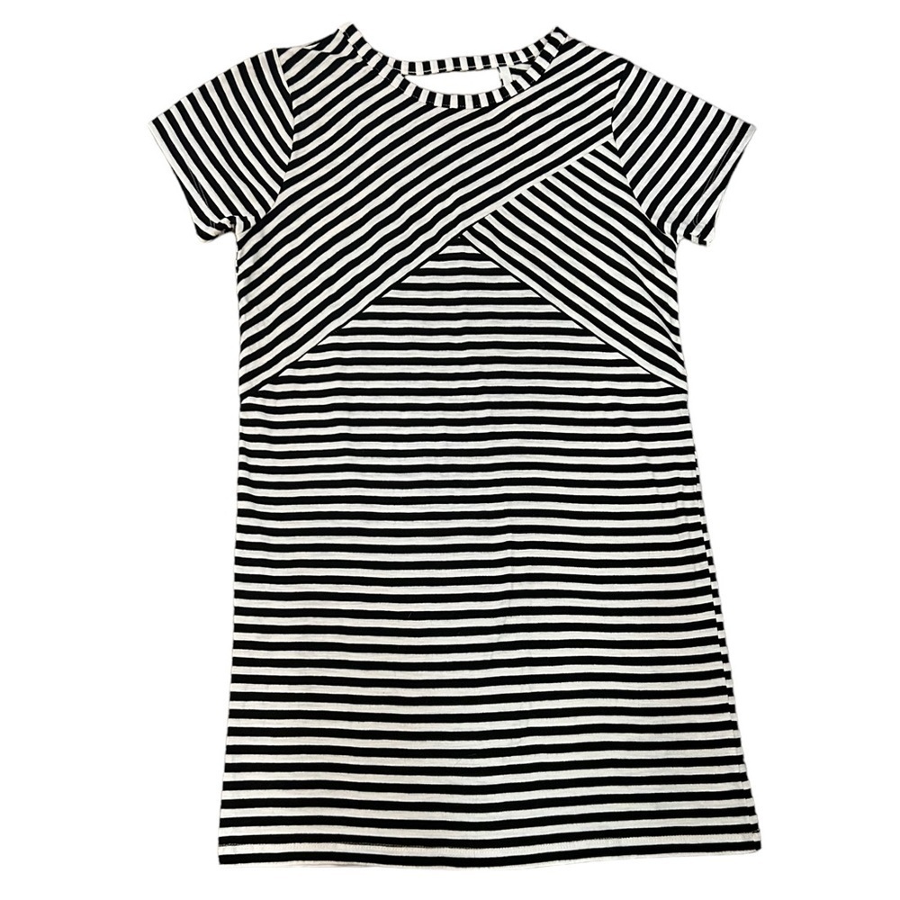 Miss Love Black & White Horizontal Stripe Shift Dress with Back Cutout Sz Medium